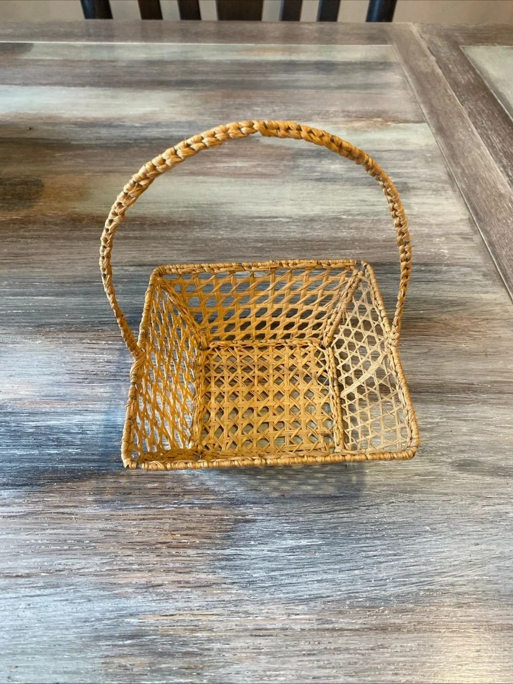 Handcrafted Square Basket Open Hexagonal Weave Handle Vintage Folk Art Primitive